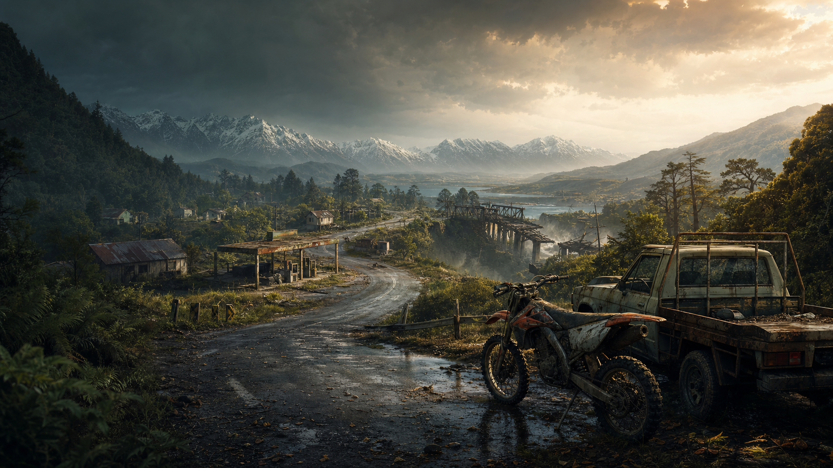 A damaged New Zealand settlement with an old ute and dirt bike